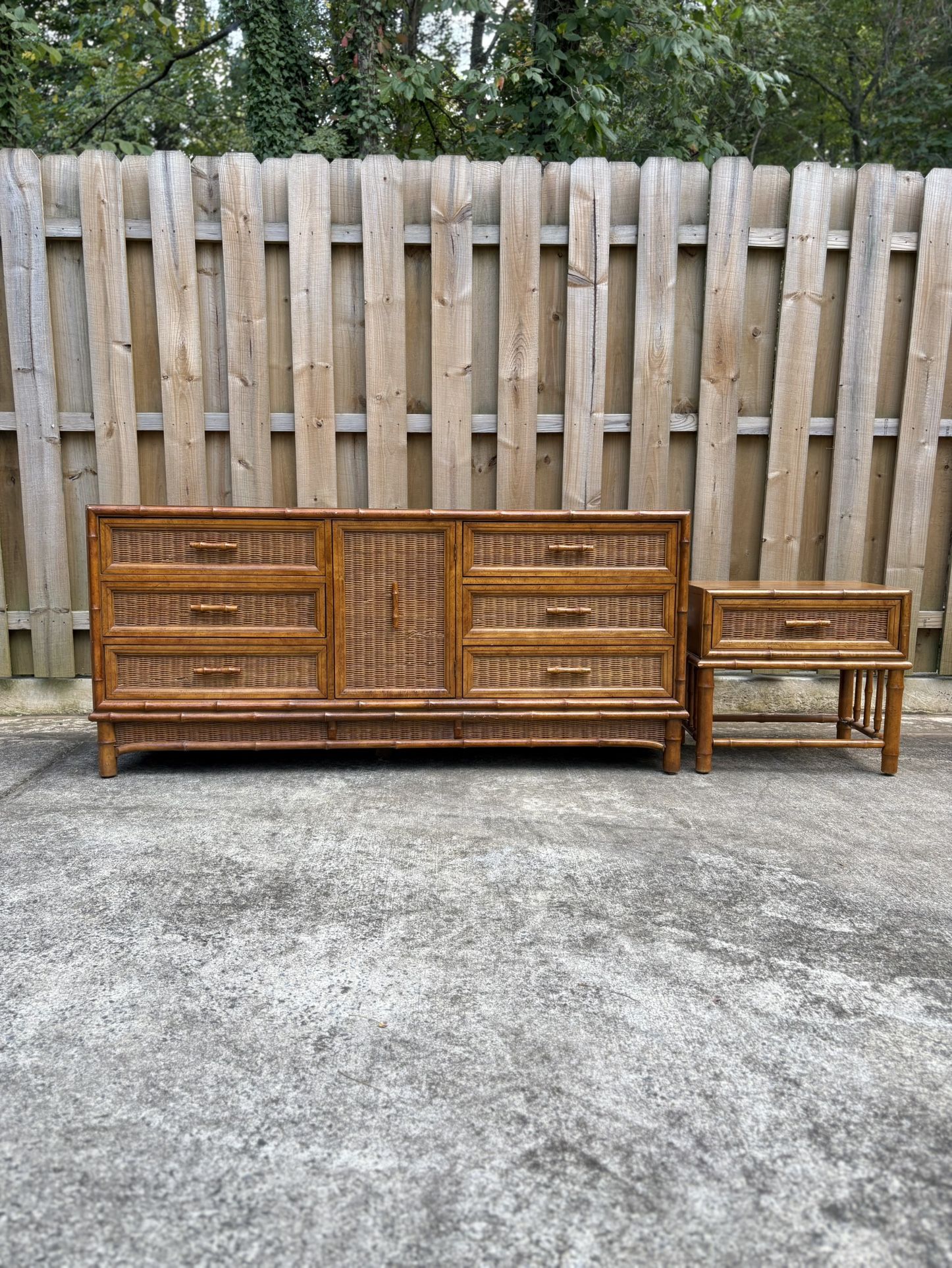 American of Martinsville - Regency Style Bamboo & Rattan Bedroom Set – Dresser, Nightstand, Mirror.