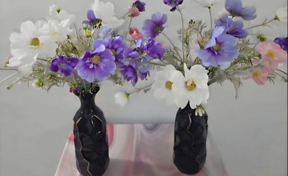 *** NEW LOW PRICE *** 15" Blue Ceramic Vases w Faux Poppies/Coreopsis ($30 EACH) @ Lasting Creations