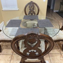 Elegant Glass Dining Table Set with 4 Carved Chairs
