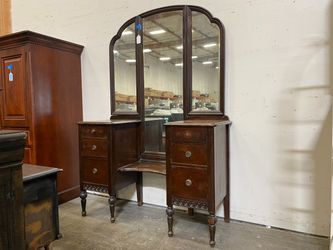 Vintage Wood Vanity with Tri-Fold Mirror