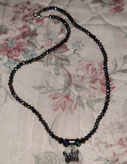 Shiny Beaded Butterfly Charm Necklace 