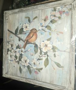 Bird Floral Wall Art Decor: Framed Botanical Artwork Animal Picture on the Tree Branch Wood Print for Bathroom(12x12)
