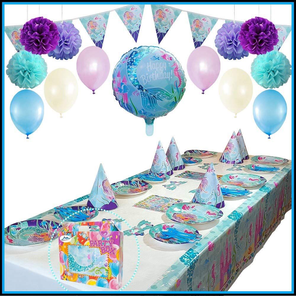 Mermaid Party Supplies Pack | Deluxe Mermaid Party Decorations & Favors for a Mermaid Birthday Party | Includes Plates, Cutlery, Table Cover, Balloon