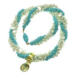 1983 Avon TURQUOISE IMPRESSIONS Woman Necklace, Two Tone Torsade, Faux Turquoise Faux Pearls Choker, Mid-Century Modern Style Jewelry Gift  