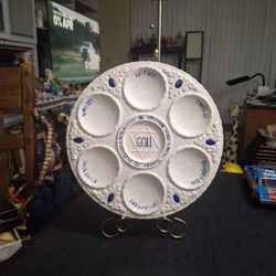 White Ceramic Passover Seder Plate W/Blue Lettering Centerpiece Used During The Ritual Meal For Passover 10.5"