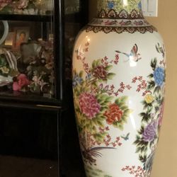 50” Chinese Painted Vase With Matching Cookie Jars