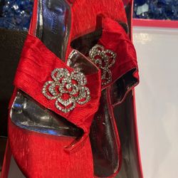 Amanda Bolero Red Dress Heels – Size 9 – Rhinestone Detail