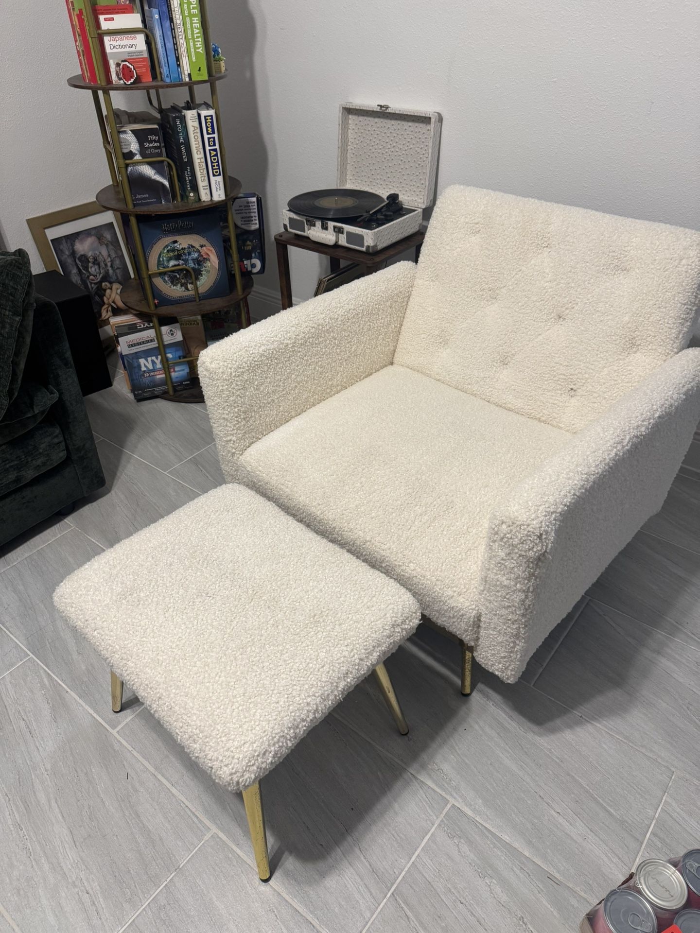 Cream Bouclé Accent Chair + Ottoman (Professionally Cleaned)