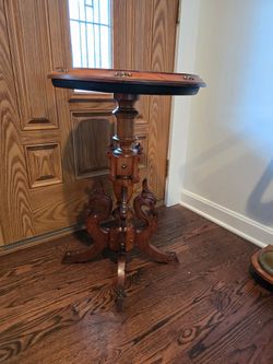 Antique Renaissance Revival Inlaid Pedestal Table – Ornate Walnut Accent Table
