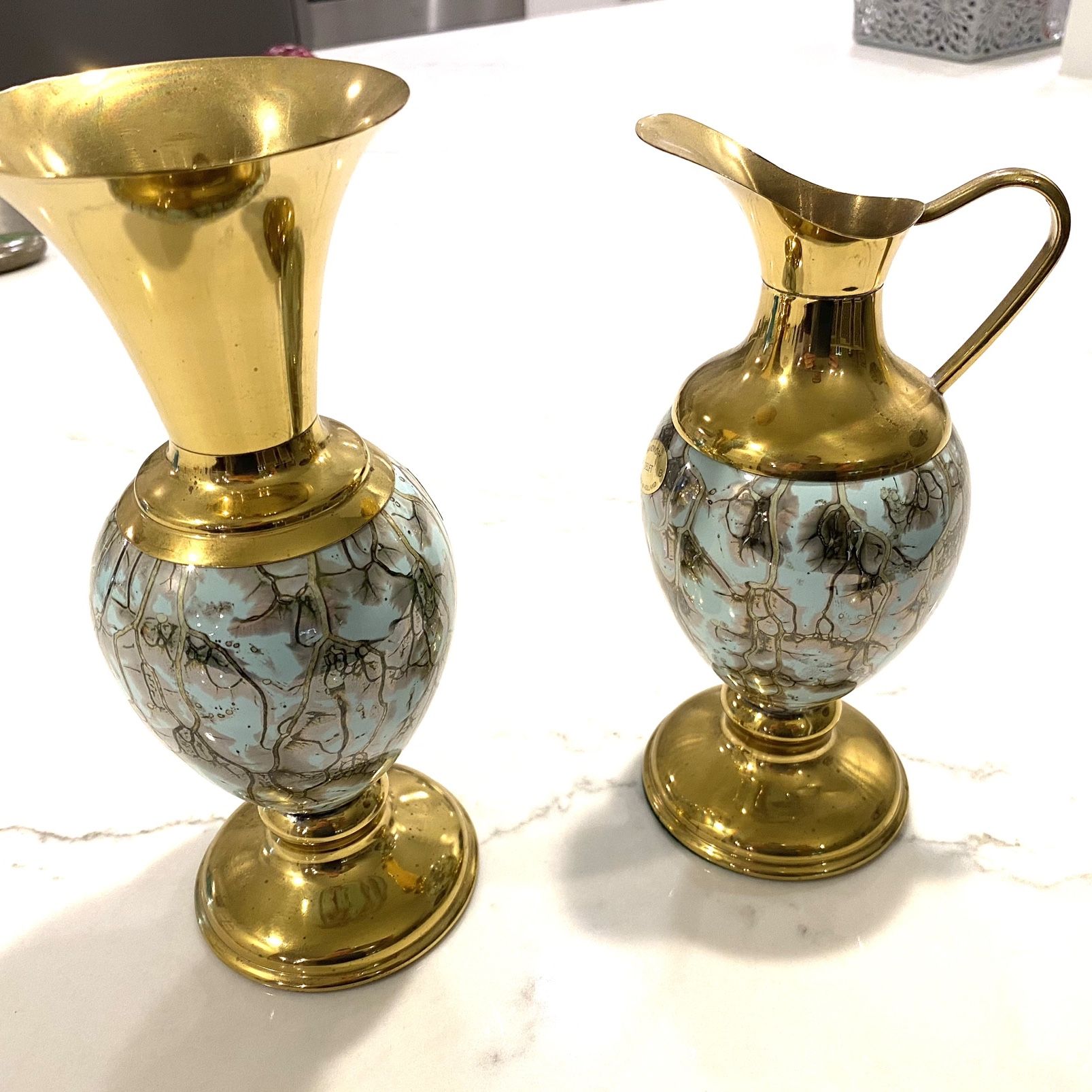 Set of 2 Delft Pottery Brass - Pitcher & Vase Marbled Aqua Hand painted Holland