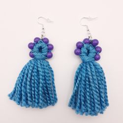 Handmade Tassel Earrings, Color Light Blue With Integrated Beads Purple Color  , Size 4 In 
