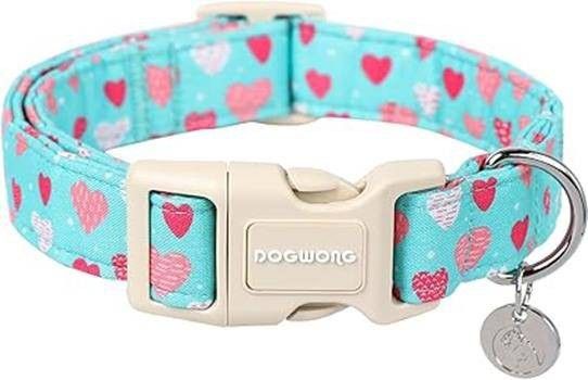 DOGWONG Valentine's Dog Collar - Blue Heart Adjustable Cotton Heart Do