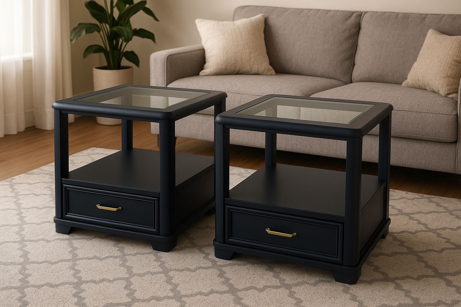 Thomasville Mid-Century Modern Vintage Solid Wood Black Beveled Glass-Top End Tables β Set of 2