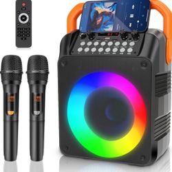 Karaoke Machine with 2 Wireless Microphones, Portable Bluetooth Karaoke Speaker for Adults & Kids with Strobe Lights, Karaoke Microphone with PA Syste