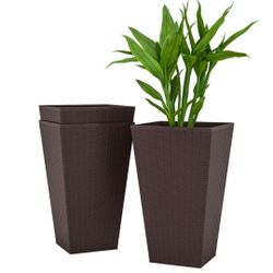 Set of 3 new, Tall Planters for Outdoor Plants with Drainage Holes, brown