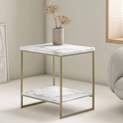 Faux Marble Side Table, White Marble Small Coffee Table 