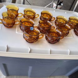 Amber Glass Vintage Cups Thumbprint Set of 12 Cups 