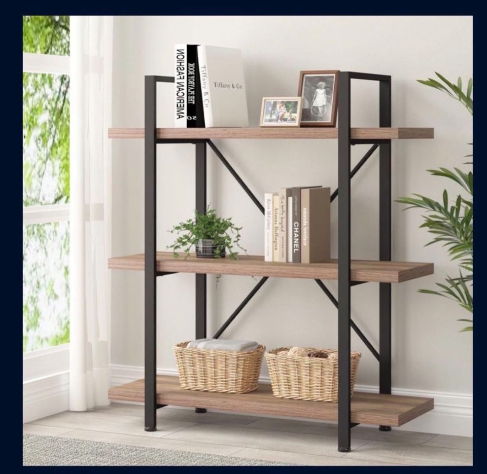 HSH Industrial 3 Tier Book Shelf, Modern Small Wood and Metal 3 Shelf Bookcase 