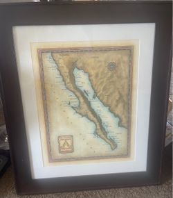 Vintage map print Gulf of California and the long Pacific coastline of the Baja peninsula.
