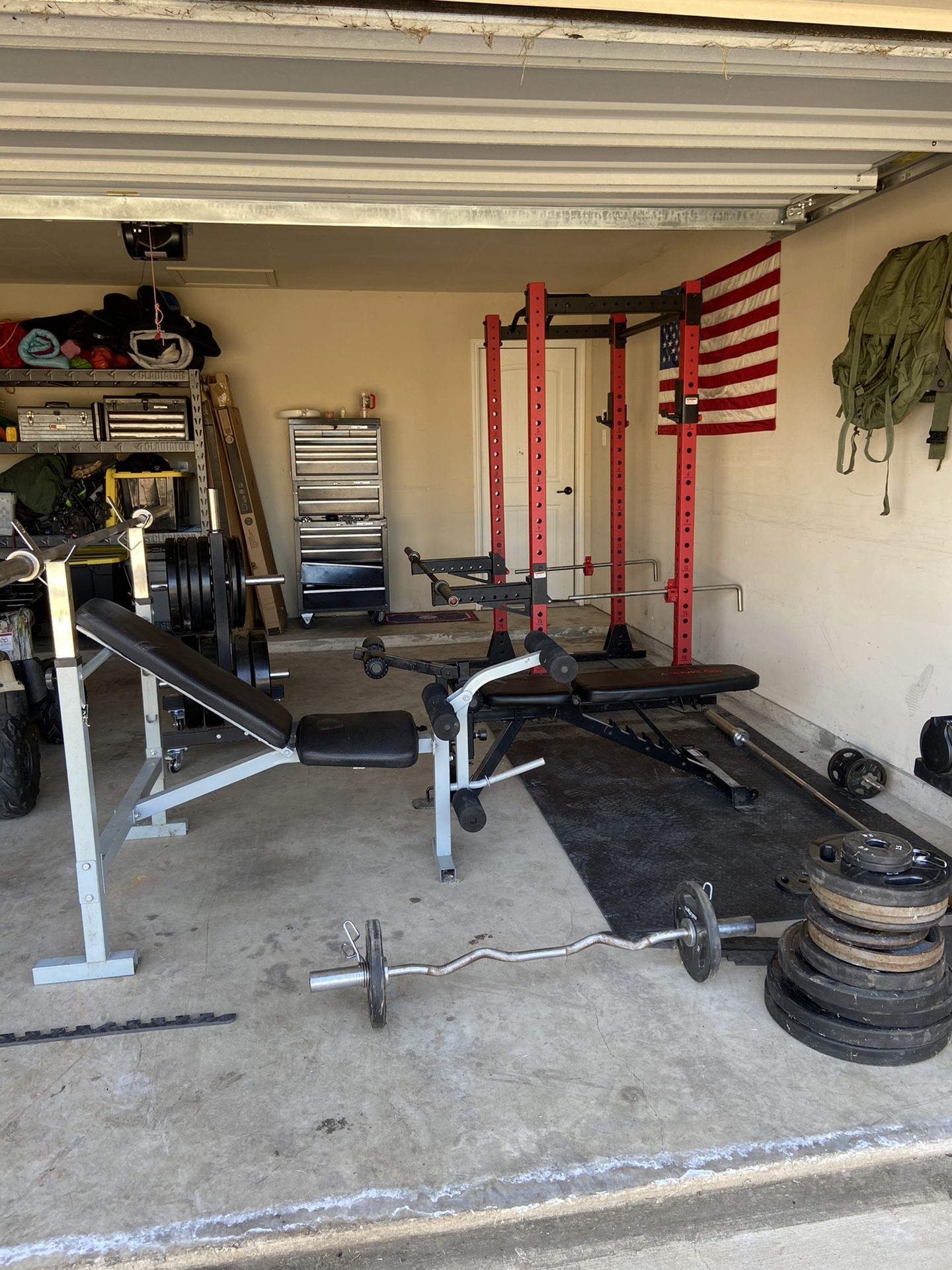 Garage gym- ethos rack, chest bench, bench, 3 Olympic bars, and adjustable dumbbell set. Plus all the Miscellaneous weights in the first picture