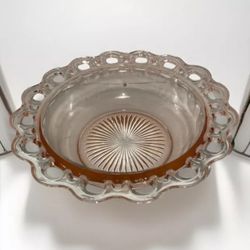 Anchor Hocking Old Colony Pink Depression Glass Open Lace Edge Serving Bowl
