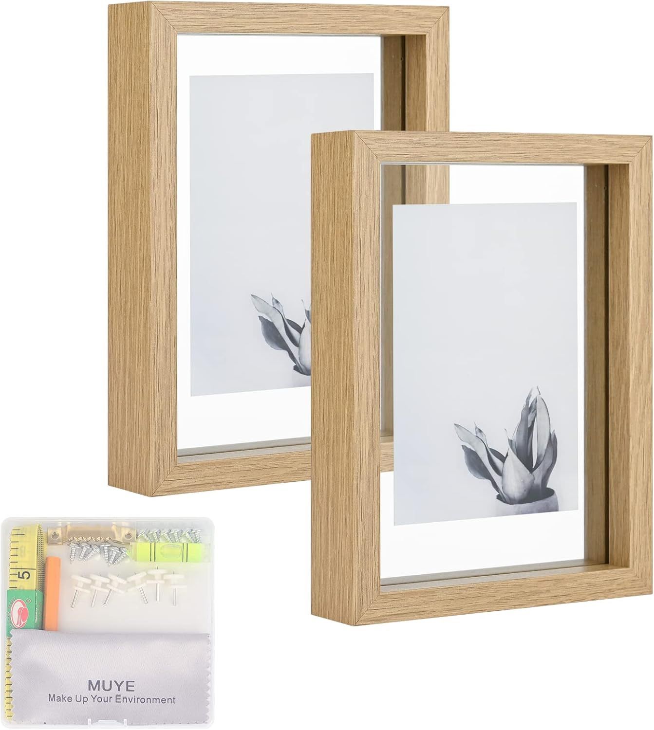 5x7 Floating Frame Set of 2,Double Glass Rustic Photo Frame for Wall or Tabletop
