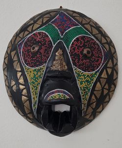 Beaded Hand Carved Wood African Tribal Mask 12" Colorful Brass