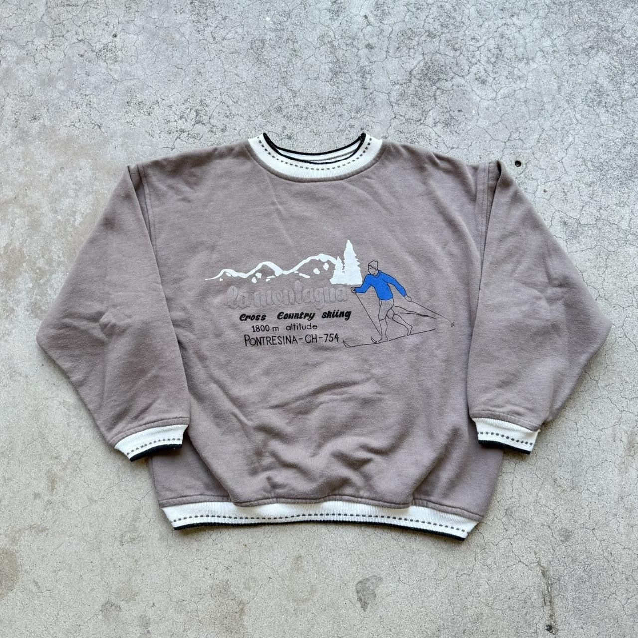 Vintage 90’s Ski La Montagna Italy Cross Country Skiing Brown Crewneck Sweater