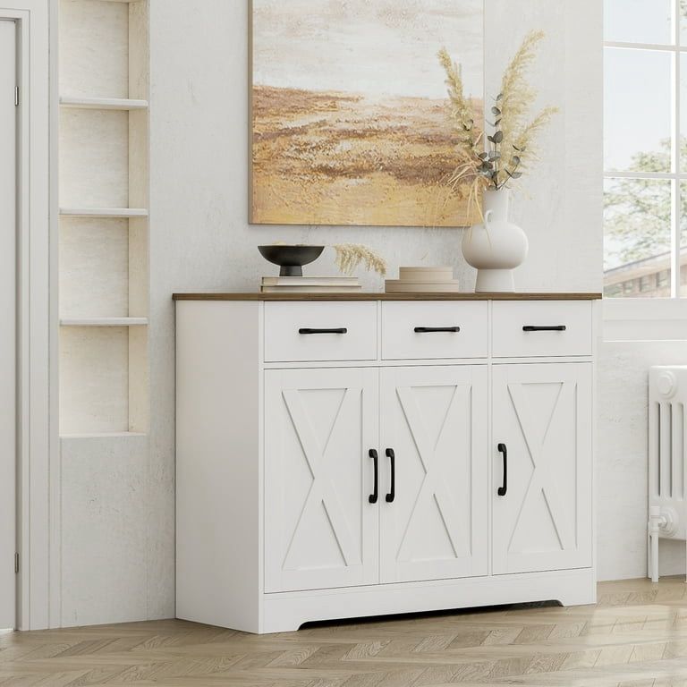 Assembled 42.5'' Kitchen Buffet Sideboard Cabinet, 3 Drawers Farmhouse Coffee Bar Storage Cabinet with Adjustable Shelf, White