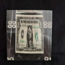 The Shrinking Dollar in Lucite Holder for Office or Desk Square Paperweight 