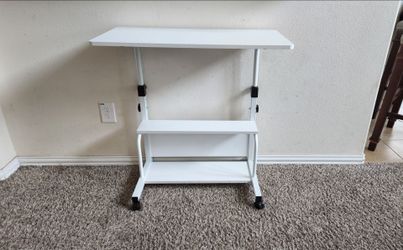 White Metal and Wooden Portable Adjustable Height Rolling Desk Desk with Shelves