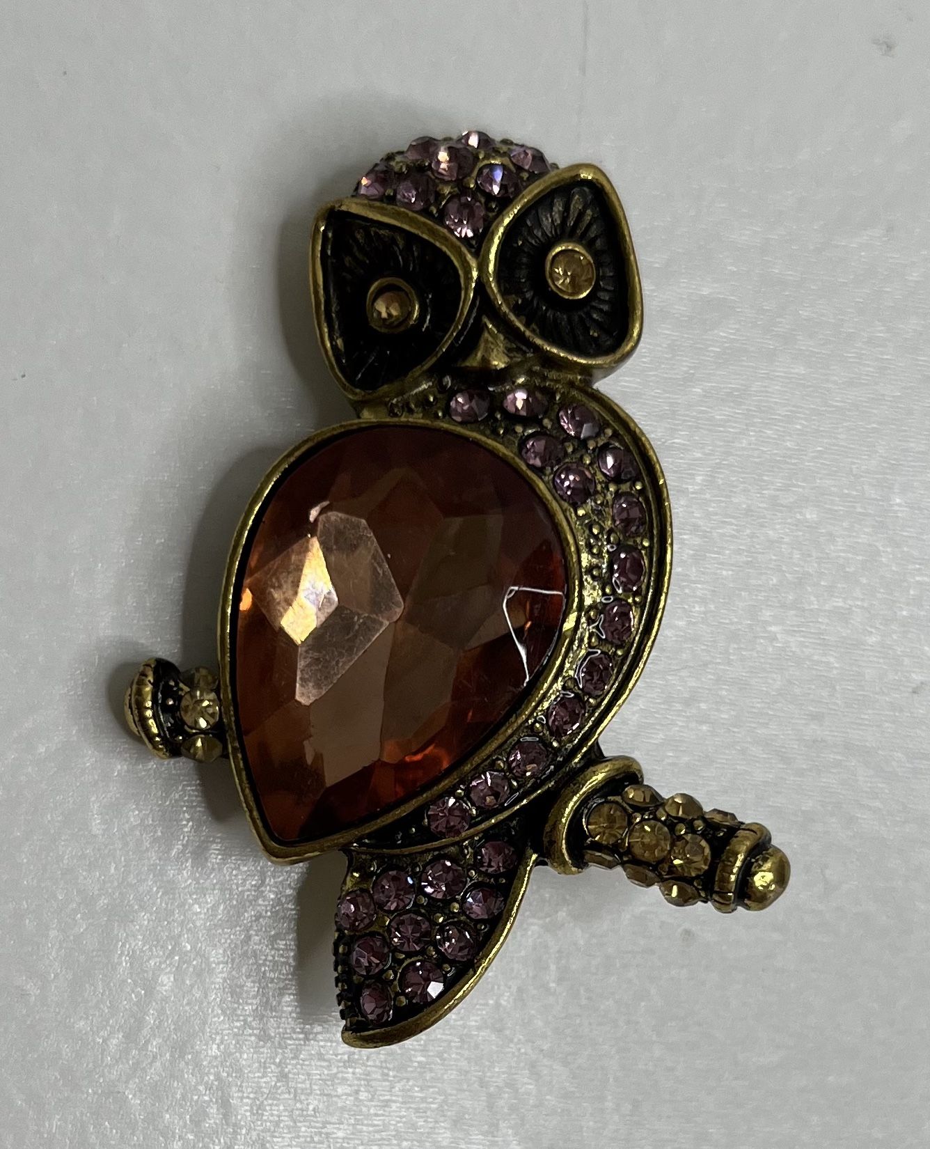 Vintage Monet Owl Brooch Pin Large Amber Stone With Pink Rhinestones