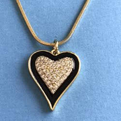 Ladies Heart Necklace with Sparkling Crystals & Black Trim On Snake Chain- Gold Plate *Ship Nationwide Or Pickup Boca Raton