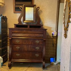 Antique Large Wood Dresser With Mirror