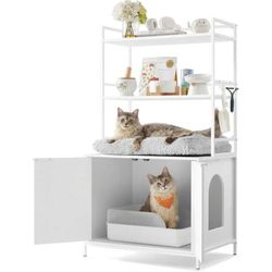 Cat Litter Box Enclosure, Hidden Litter Box Furniture with 2 Storage Shelves, 2 Hooks, Spacious for Large Cats, Indoor Cat House, Snow White UPCL009W0