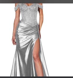 Silver Off-Shoulder Beaded Corset Gown