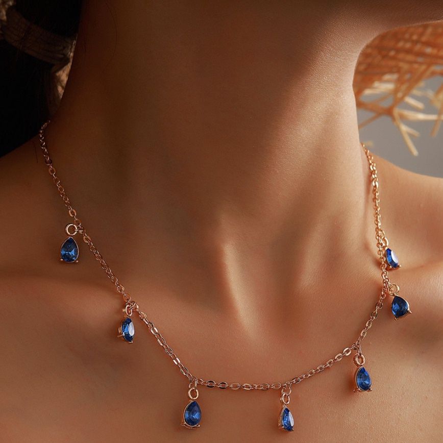 Bohemian Shiny Blue Rhinestone Chain Choker Necklace for Women