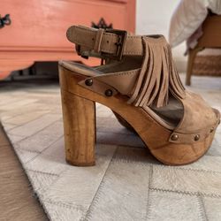 Size 7, leather fringe platform, high heels