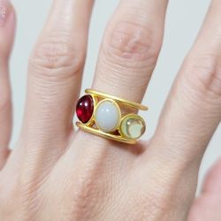 Gold multicored stones retro style women's cuff ring free size gift
