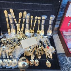3 Sets Of Siler And Gold Plated Spoons, Antiques
