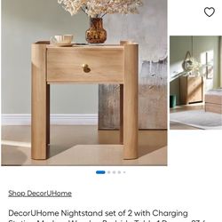 Nightstand set of 2 With Charging Table Modern Wooden Bedside Table