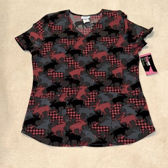 Scrubstar Women's "Fall Friends" V-Neck Scrub Top-Moose. Size large