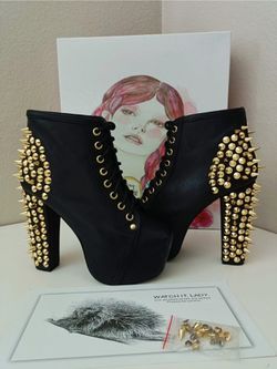 Jeffrey CAMPBELL Lita Havanna Black Gold Spike Platform Boots Size 6