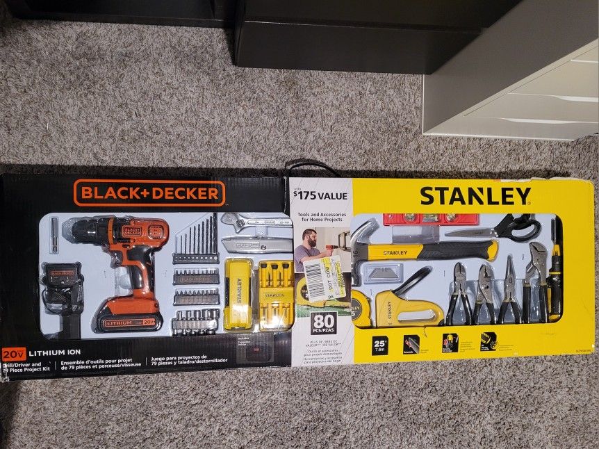 Stanley black And Decker Tool Set With 20v Cordless Drill Hand Tools Pliers Hammer Staple Gun Set