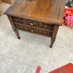 Antique Carved Side Table With 2 Drawers