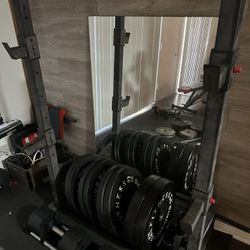 Squat Rack, Weights, 1” Bar And Plates