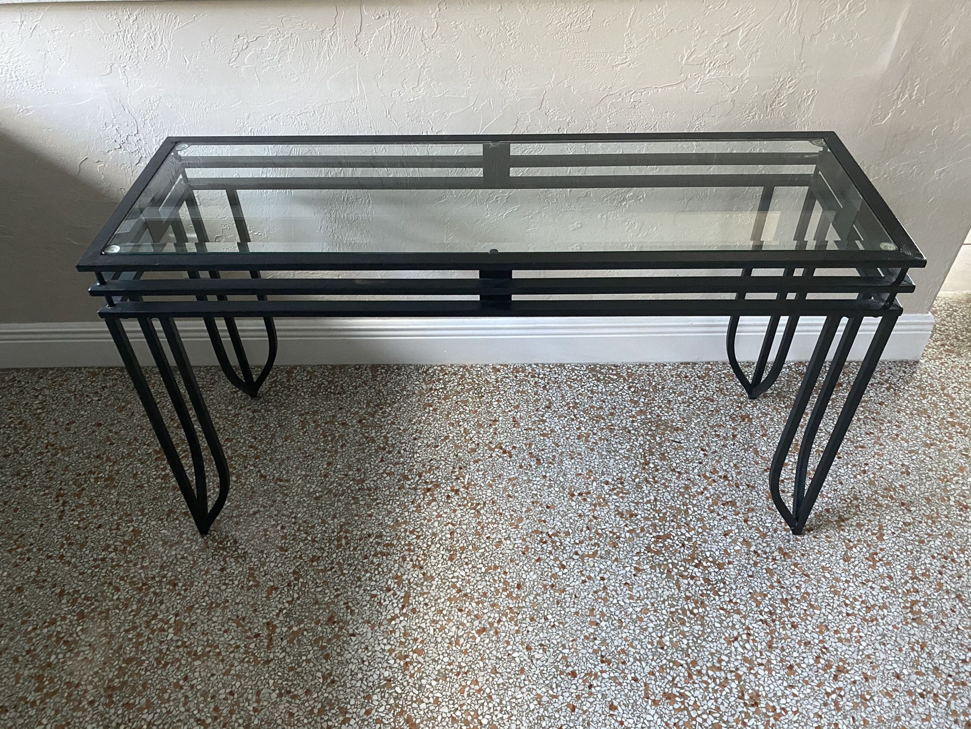 One Glass black metal table, kitchen plant stand TV 16” deep, 4’ wide, 26.5 tall indoor outdoor