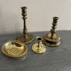 Vintage Mid Century Modern Style Brass Candlestick Holder Set With Brass Tray