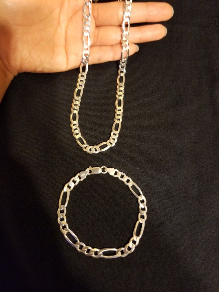 Italy 925 Solid Sterling Silver Figaro Bracelet 8" & Chain Necklace 26" Set for Men Plata Italiana 925 Pulsera Figaro 8" & Cadena 26" Para Hombre