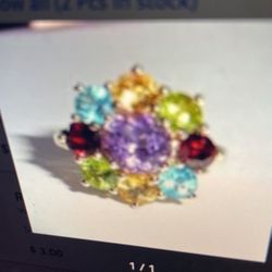 18kt. Yellow Gold Flower Ring Set with Amethyst , Blue Topaz, Citrine And Peridot 
